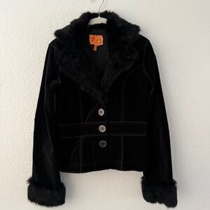 Anthropologie Twill 22 Women’s Black Velvet w/Faux Fur Jacket Size Small Y2K